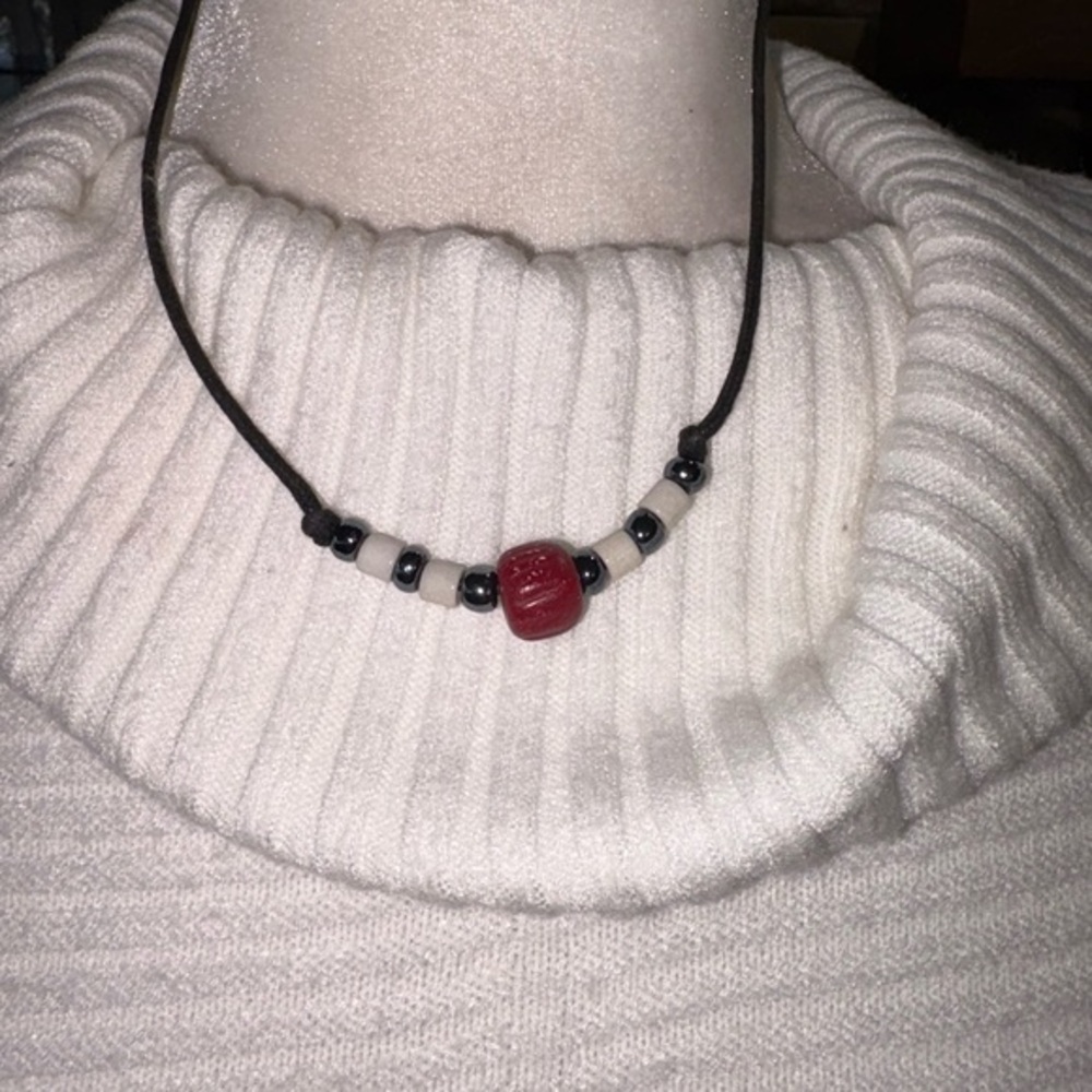 BOHEMIAN STYLE BEADED NECKLACE RED WHITE AND BLUE BEADS. 8”